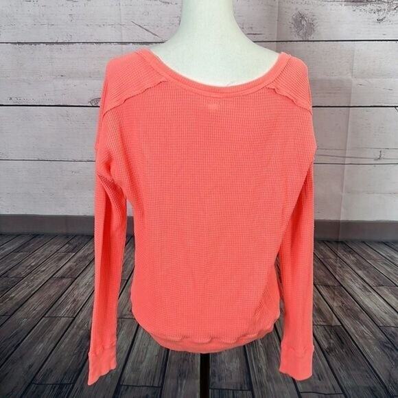 We The Free Shirt Womens XS Pink Orange Vibrant Waffle Boxy Boho Peasant Thermal - Picture 5 of 11